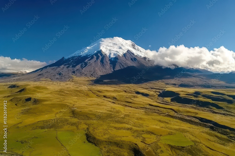 Majestic snow-capped mountain towers over lush green valleys under a bright blue sky at midday Majestic snow-capped mountain towers over lush green valleys under a bright blue sky at midday