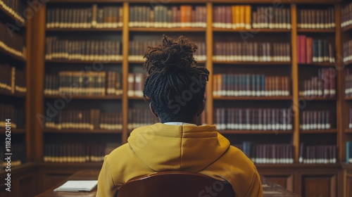 African young adult male studying in a library with rows of books