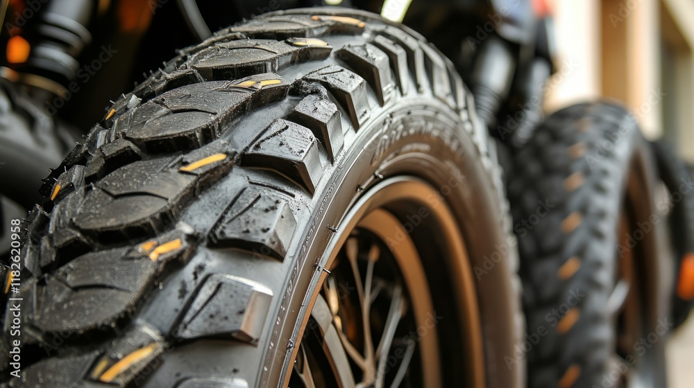 Close-up of off-road motorcycle tires with deep tread Close-up of off-road motorcycle tires with deep tread