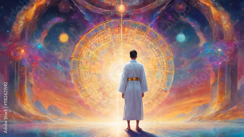 The full body image behind the young man wearing a white robe was standing and connected to the Prime creator, a formless white golden light energy that radiated brightly.