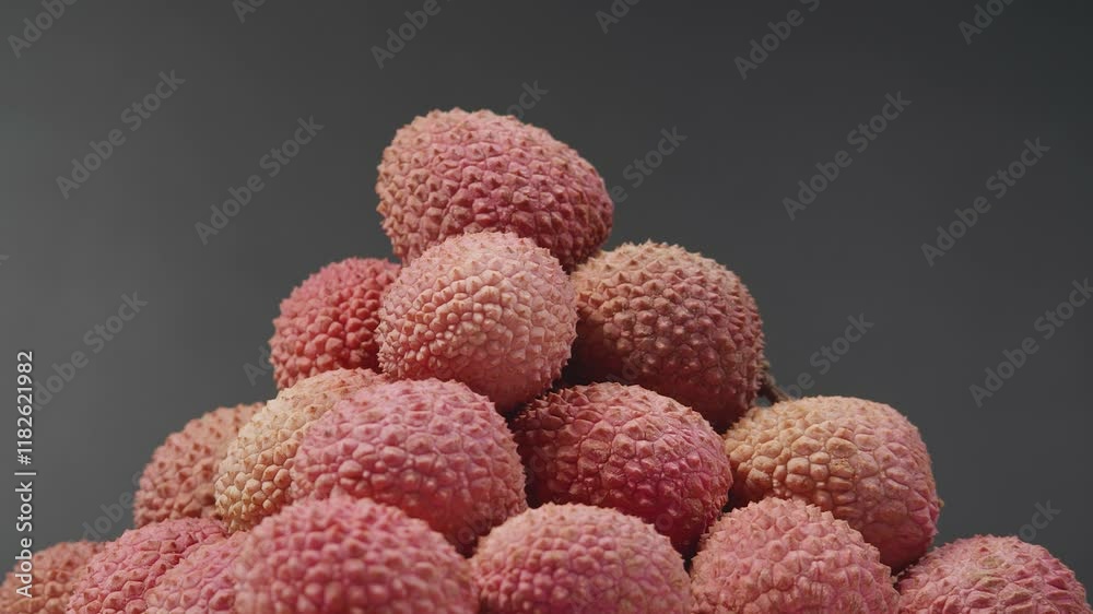 Litchi Fruits Group Laid Out in the Shape of a Pyramid on a Black Rotating Background. Lychee, Luxury Concept of Fresh and Ripe Exotic Food Litchi Fruits Group Laid Out in the Shape of a Pyramid on a Black Rotating Background. Lychee, Luxury Concept of Fresh and Ripe Exotic Food
