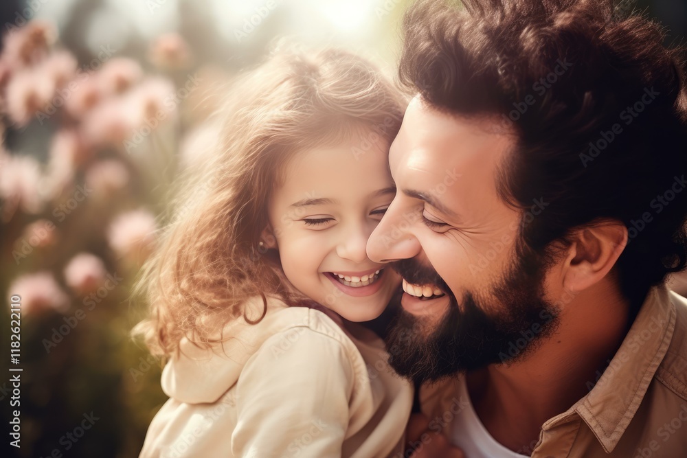 Father and daughter laughing together in a sunny outdoor setting, enjoying a special moment of connection and happiness Father and daughter laughing together in a sunny outdoor setting, enjoying a special moment of connection and happiness