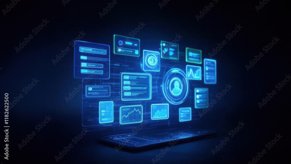 Futuristic computer with AI agents projecting a holographic interface Futuristic computer with AI agents projecting a holographic interface