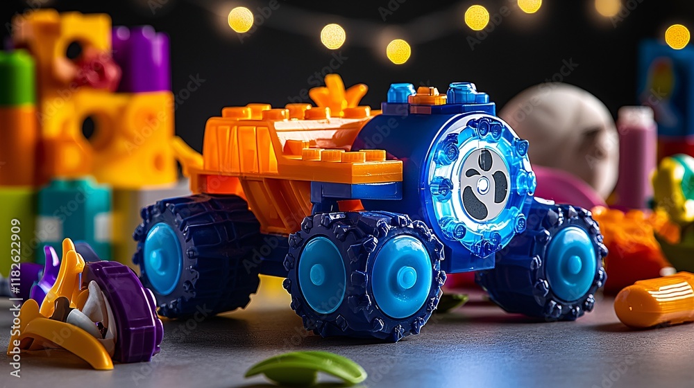 Blue and orange toy truck with light-up wheels surrounded by other colorful toy blocks. Blue and orange toy truck with light-up wheels surrounded by other colorful toy blocks.