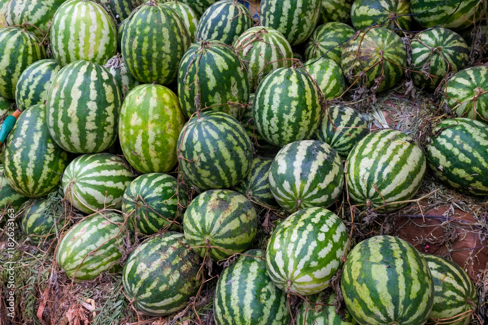 Fes, Morocco. Striped melons for sale in the medina Fes, Morocco. Striped melons for sale in the medina