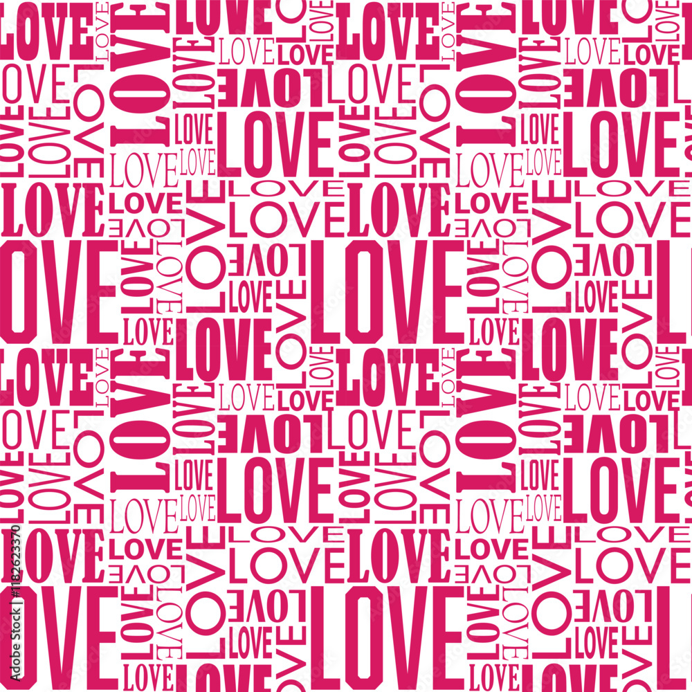 Repeating red text word Love. Romantic background seamless pattern. Endless print. Cute vector illustration.