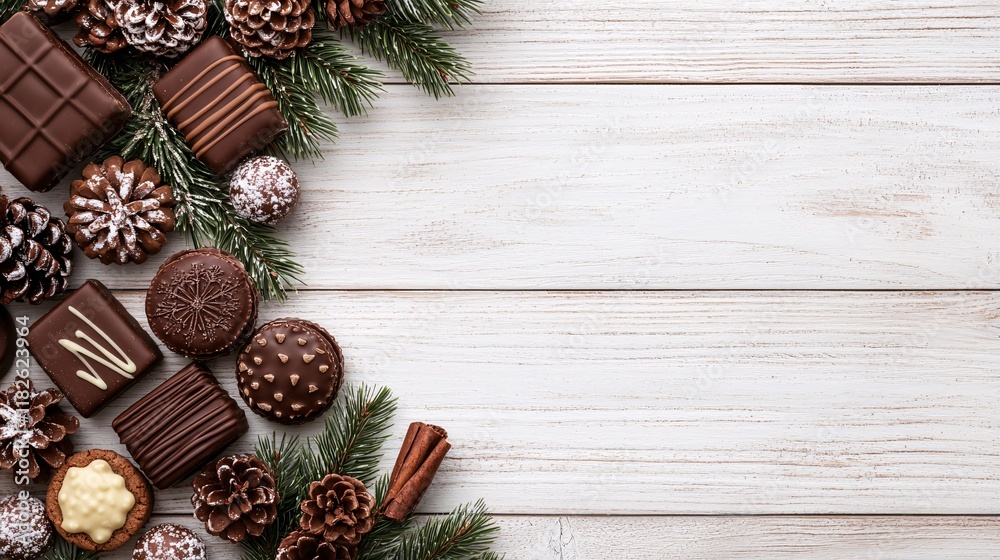 Assorted chocolates, pine cones, and fir branches arranged on a white wooden background, leaving ample copy space. Assorted chocolates, pine cones, and fir branches arranged on a white wooden background, leaving ample copy space.