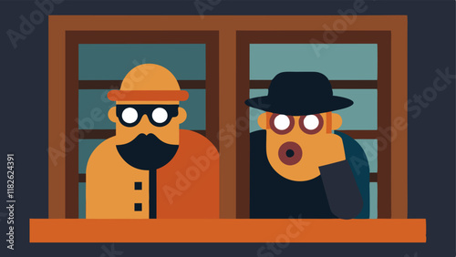 Window Watchers A scene featuring two criminals peering out of a boardedup window with one looking through binoculars while the other keeps watch with a wary expression.
