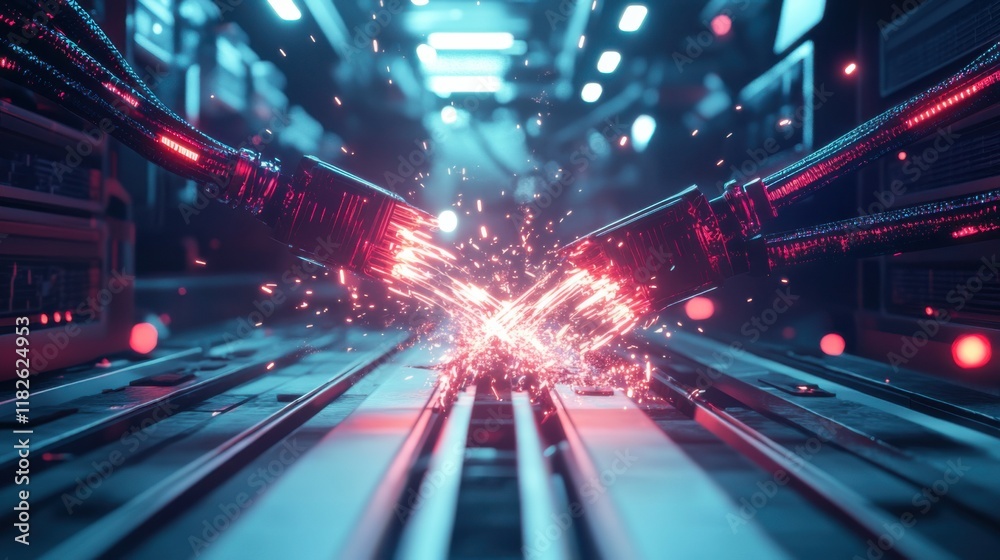 Sparks fly as two cables connect in a futuristic setting during a tech demonstration Sparks fly as two cables connect in a futuristic setting during a tech demonstration