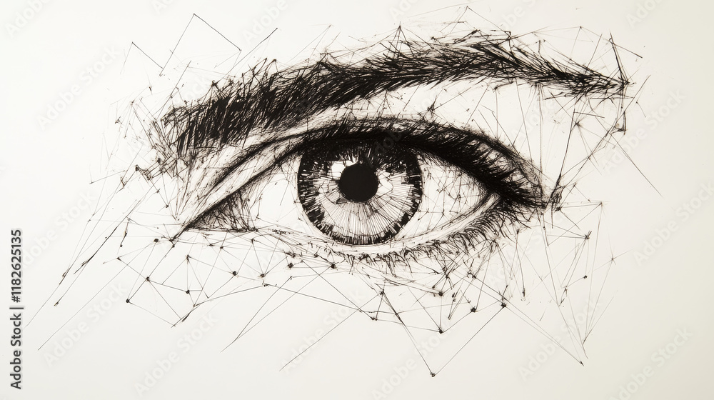 Obraz premium Hologram eye. Eye made of polygons, triangles, dots, and lines. Low-poly eye structure of connections. Technology concept vector.