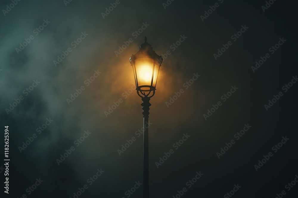 Mist floating past a street lamp at night, close view. illuminated by glowing street lamps, creating an eerie and mysterious atmosphere