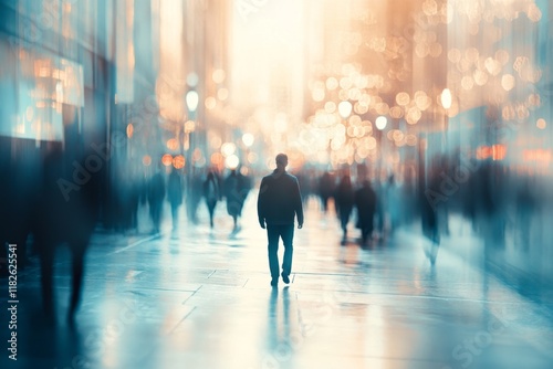 Businessman walking away from camera on a busy city street at sunset, with blurred crowd