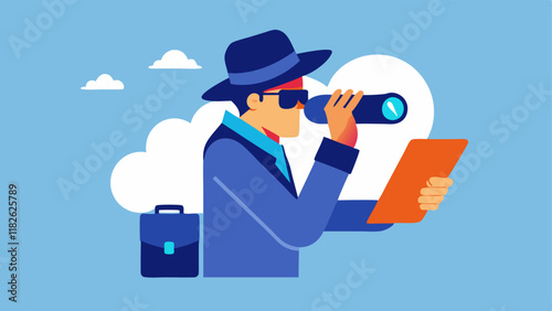 Undercover Investigation An investigator disguised in casual clothing discreetly observing a business operation from a distance with binoculars in hand and a notebook for jotting