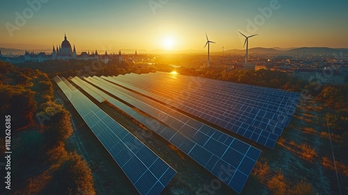 Wallpaper Mural Solar panels and wind turbines at sunset in an urban landscape Torontodigital.ca