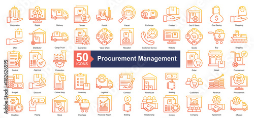 Procurement Management Icon Collection Set.Containing product, shopping, distributor, guarantee, value chain icon. Simple outline gradient style Vector Illustration.