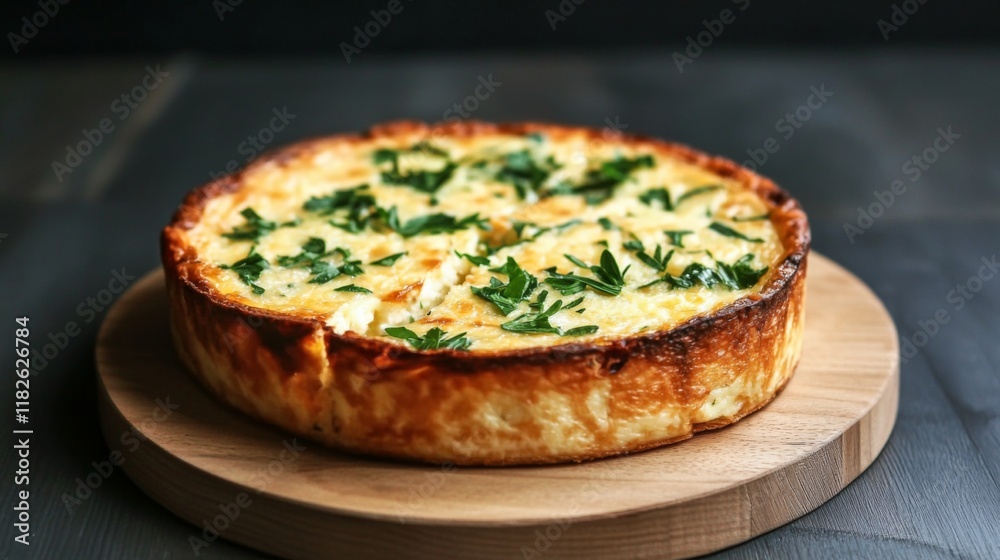 Delicious savory cheese quiche on wooden board. Delicious savory cheese quiche on wooden board.