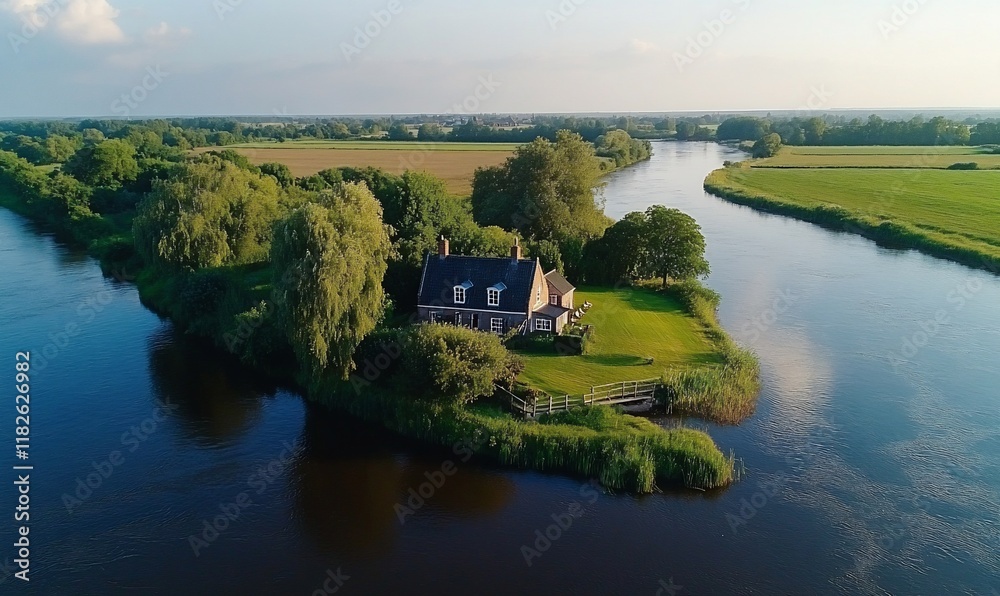 River island house, aerial view, idyllic countryside River island house, aerial view, idyllic countryside