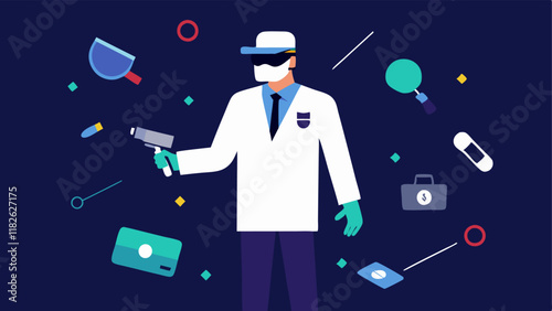 Virtual Reality Gear A forensic expert using a virtual reality headset to explore a digital crime scene with markers and investigation tools floating around.