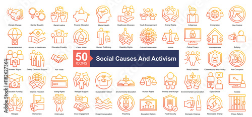 Social Causes and Activism Icon Collection Set.Containing cclimate change, gender equality, racial justice, poverty alleviation, mental health icon. Simple outline gradient style Vector Illustration.