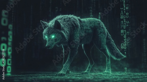 Naklejka Digital wolf composed of green binary code stands in a dark, textured environment surrounded by glowing data elements