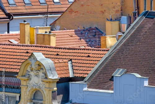 Roofs, house gables and chimneys around Prague 5. Pigeons in the shadows on the roofs of houses.