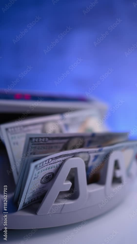American money processed in cash counting machine. One hundred dollars fall on the device holder. Close up. Blurred image. Vertical video. American money processed in cash counting machine. One hundred dollars fall on the device holder. Close up. Blurred image. Vertical video.