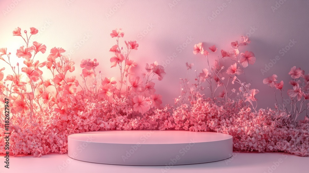 3D podium with delicate floral patterns and soft pink light surrounding it, empty for Valentine's Day, isolated on white 3D podium with delicate floral patterns and soft pink light surrounding it, empty for Valentine's Day, isolated on white