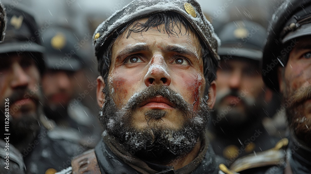 Fototapeta premium Snow-covered soldier, weary face, battlefield.