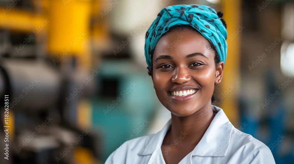 Fototapeta premium African female engineer smiling in industrial setting wearing turquoise headscarf