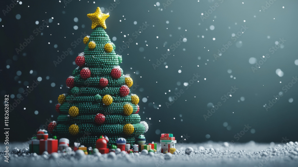 A Christmas card with a festive decoration. A Christmas tree made of dots and toys. Vector illustration for xmas, holiday, greeting card, website, brochure, flyer, social media. New Year template. A Christmas card with a festive decoration. A Christmas tree made of dots and toys. Vector illustration for xmas, holiday, greeting card, website, brochure, flyer, social media. New Year template.