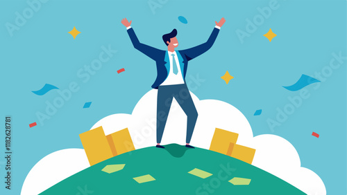 Victory Dance The crime boss standing on top of a hill of cash arms raised in triumph with dollar bills fluttering in the air around them.