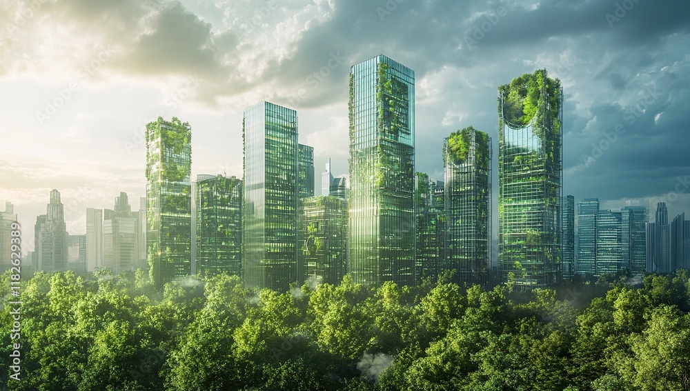 Obraz premium A futuristic cityscape with skyscrapers and buildings made of glass, wrapped in green trees