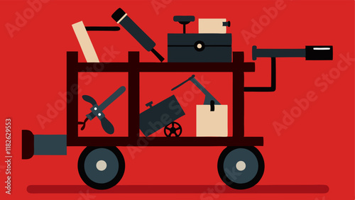 Weapons Cart An illustration of a wheeled cart filled with various weapons for transport within the evidence room including handguns and side accessories.