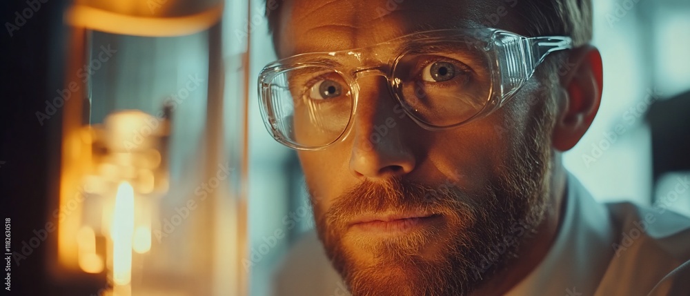 Scientist examines lab equipment, glowing light in background. Science research