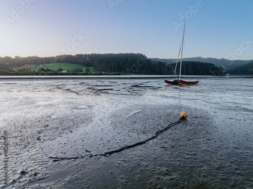 Low tide reveals a red sailboat moored in a tranquil estuary at dawn. Tranquil morning scene. , Point Wells, Auckland, New Zealand