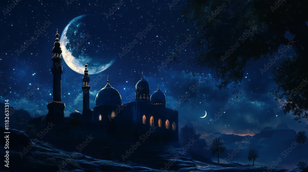 Naklejka premium Moonlit mosque: nighttime oasis under a starry sky with crescent moon