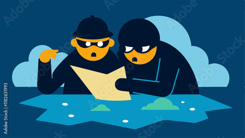 Whispering Escape Plan Closeup of two robbers huddled together in the sewer whispering and pointing towards a map or blueprints spread out on a damp surface.