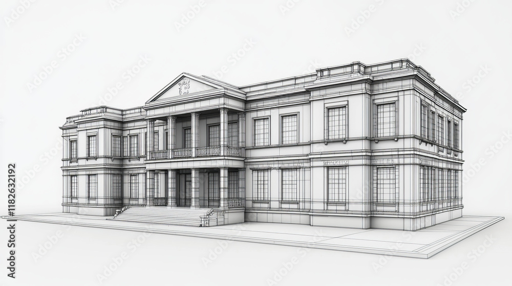 Fototapeta premium Perspective 3D render of building wireframe - Vector illustration