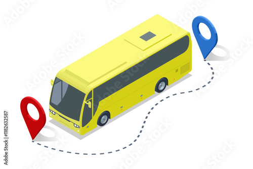 Yellow Bus with Location Markers. Isometric vector of a yellow bus traveling with red and blue location markers, symbolizing route navigation.
