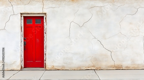 Timeworn Red Door with Cracked Wall Surface photo