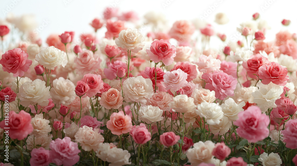 Beautiful arrangement of pink and white roses in vibrant floral display, creating serene and romantic atmosphere. delicate petals and lush greenery enhance overall charm Beautiful arrangement of pink and white roses in vibrant floral display, creating serene and romantic atmosphere. delicate petals and lush greenery enhance overall charm