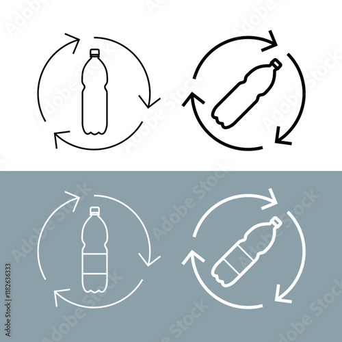 Icon of a plastic bottle (PET) with arrows. Symbol of plastic recycling or ecology. Packaging for water, soda or beer.