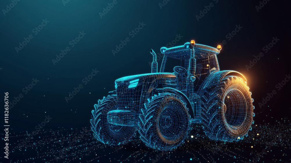 The tractor which consists of points. Particles in the form of a tractor on a dark background. Vector illustration. Graphic concept of the agricultural business.