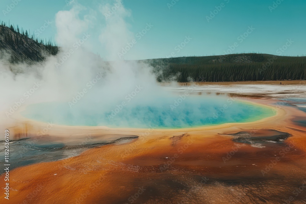 Vibrant geothermal spring surrounded by a misty landscape in a natural park setting under a bright sky Vibrant geothermal spring surrounded by a misty landscape in a natural park setting under a bright sky