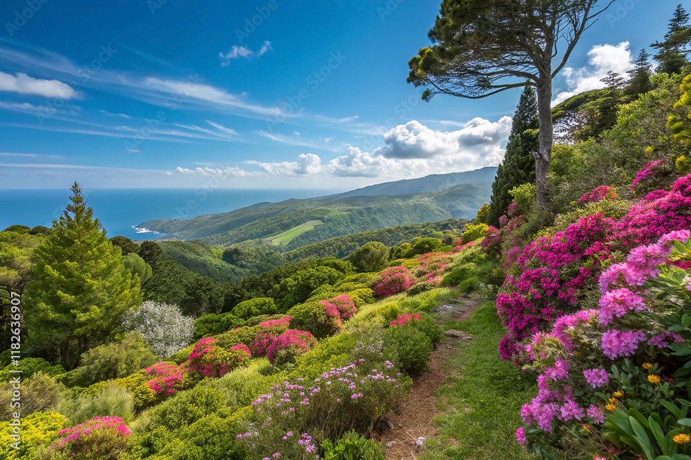 Panoramic coastal view with vibrant azaleas blooming hillside.