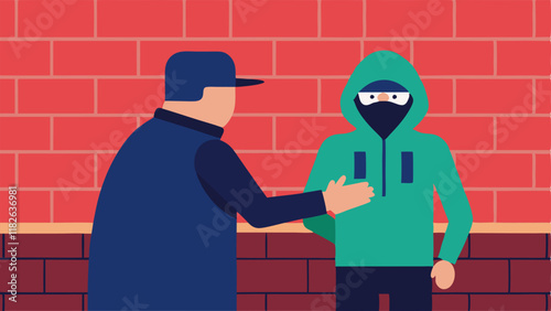 Urban Background A police officer in front of a brick wall arresting a suspect in a hoodie illustrating an urban environment.