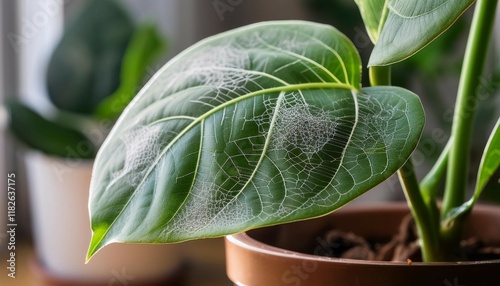 leaf of a houseplant covered with spider mite web tetranychus urticae pest and mite control