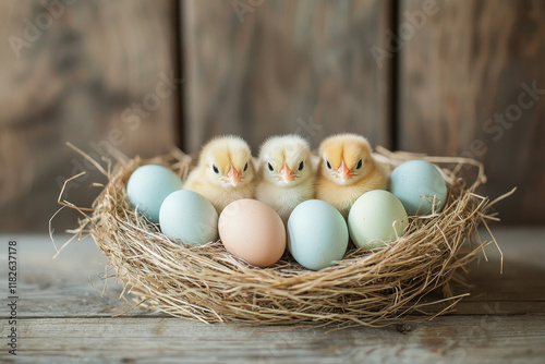 Baby chickens and Easter eggs in soft straw nest.