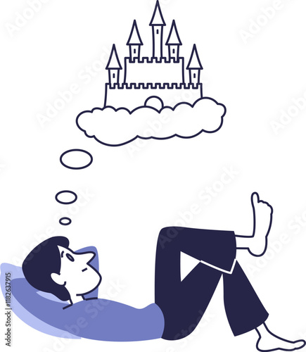 A man dreams while lying on his back. IMan imagines lying on his back.Illustration of dreams.