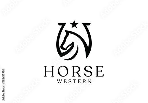 horse head with horseshoe logo design. linear style luxury icon vector	
 photo